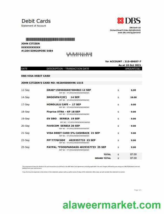 Singapore DBS bank proof of address statement template in .xls and .pdf format